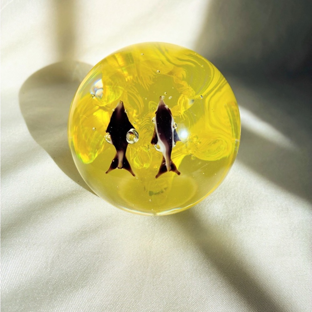 BLACK SHARK FISH YELLOW CLOUD CRYSTAL PAPERWEIGHT 3"